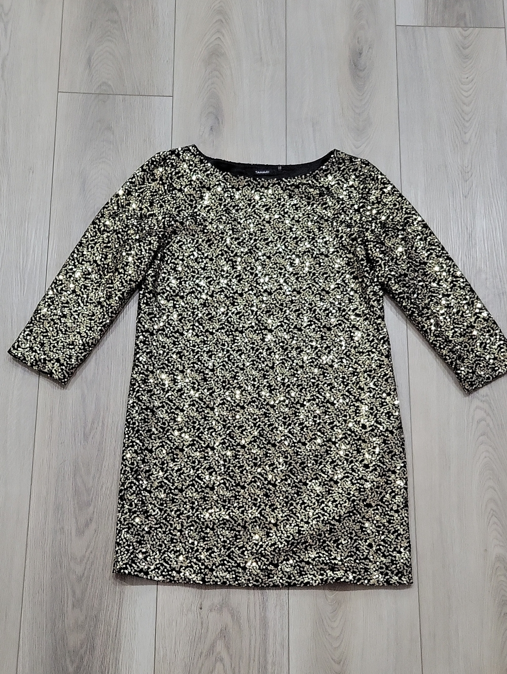 Tahari Black and Gold Sequin Shift Dress